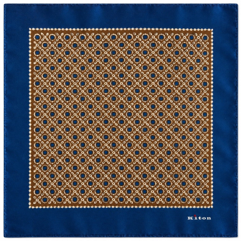 Kiton Navy Blue and Brown Silk Pocket Square with Geo Motif